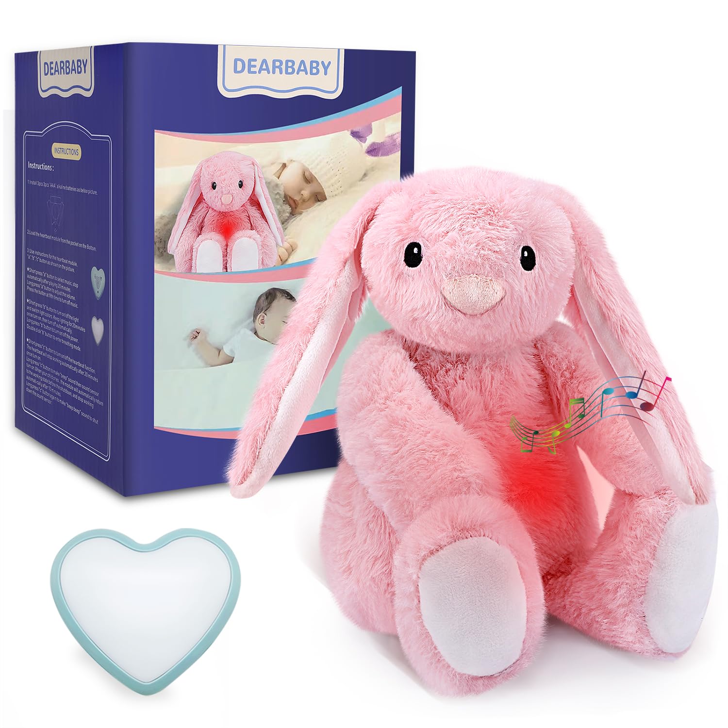 DEARBABY Heartbeat Bunny Toy soothes infants with heartbeat rhythm.