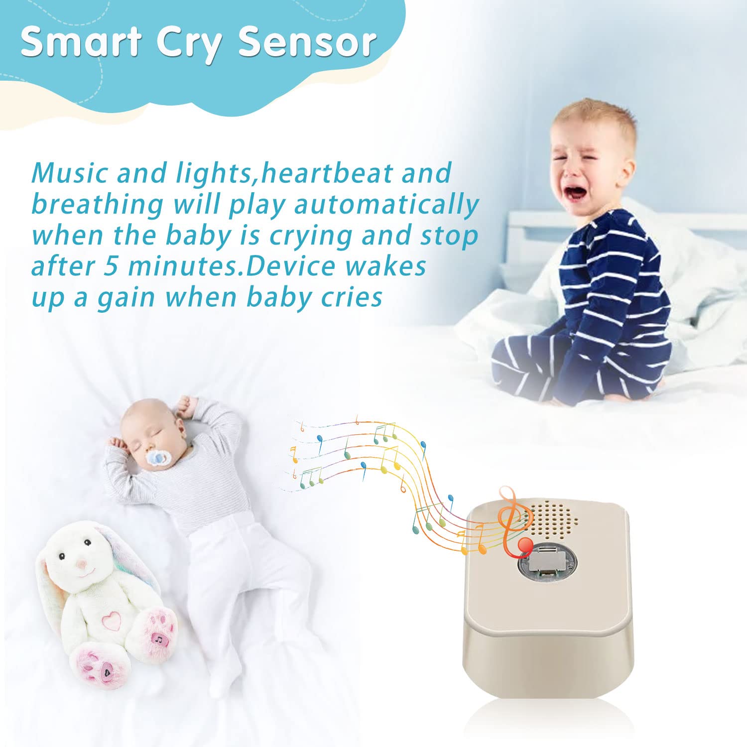 DEARBABY rabbit belly glow night light provides gentle illumination for bedtime.
