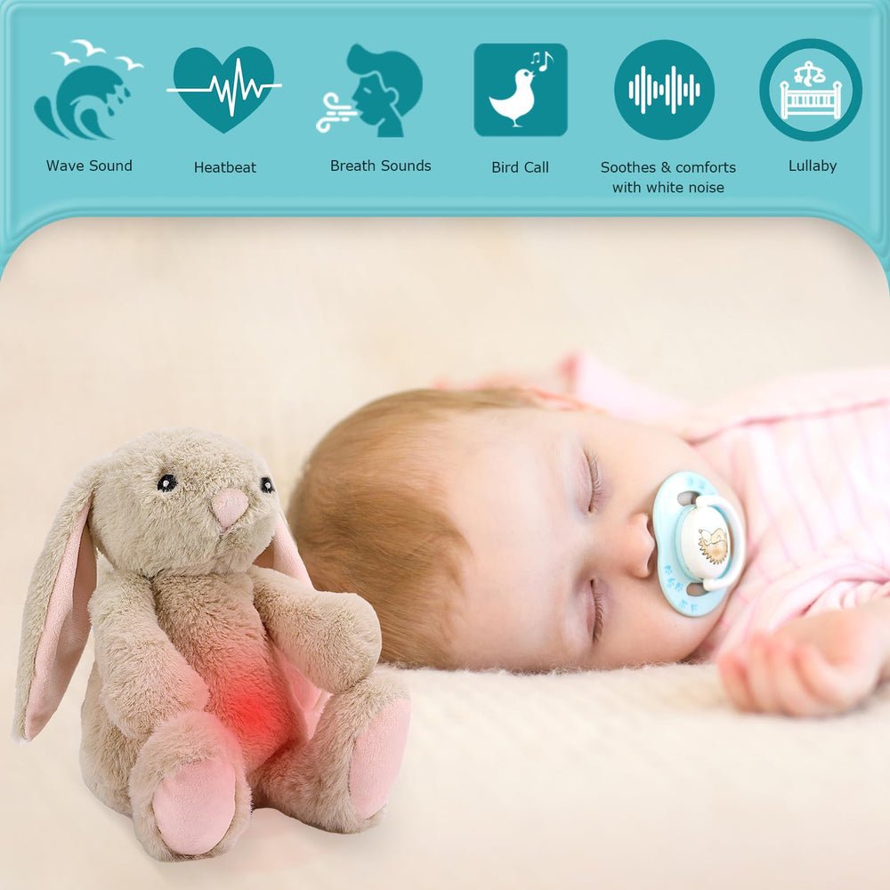 DEARBABY soft plush heartbeat rabbit being held for comforting cuddle
