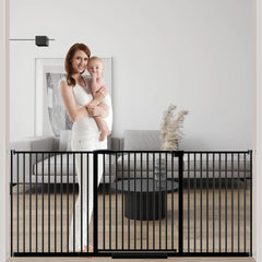 DearBB extrawide baby gate assembly demonstrates a sturdy setup for doorways and stairs.