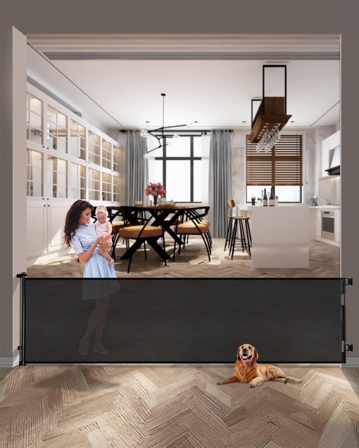 Dearlomum 168 inch retractable gate fully extended for wide openings, ideal for doorways and play areas