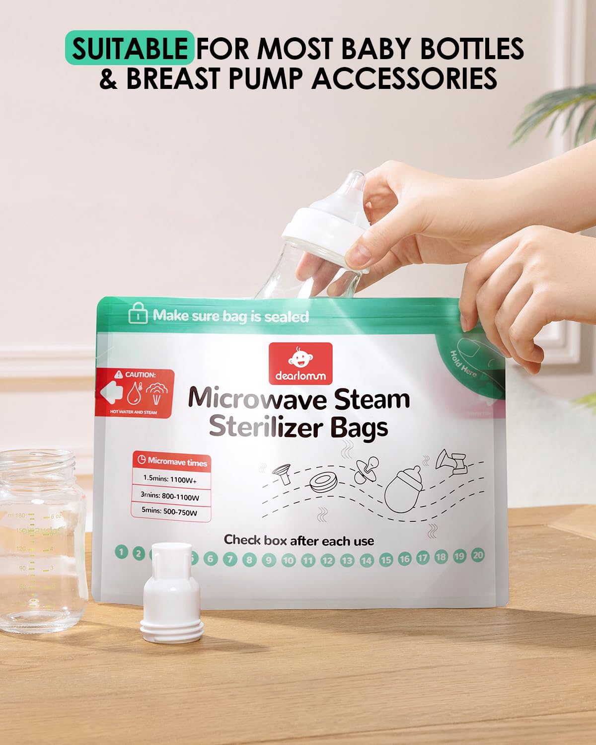 Dearlomum bag closeup holding a baby bottle for on-the-go sterilization