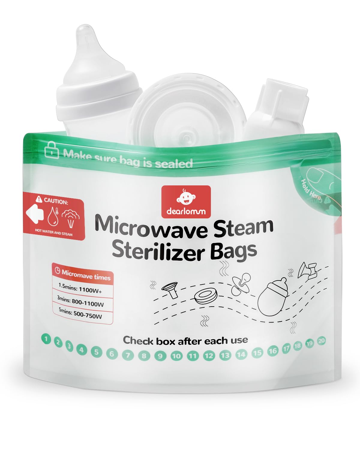 Dearlomum microwave steam sterilizer bag front packaging view for travel use and storage