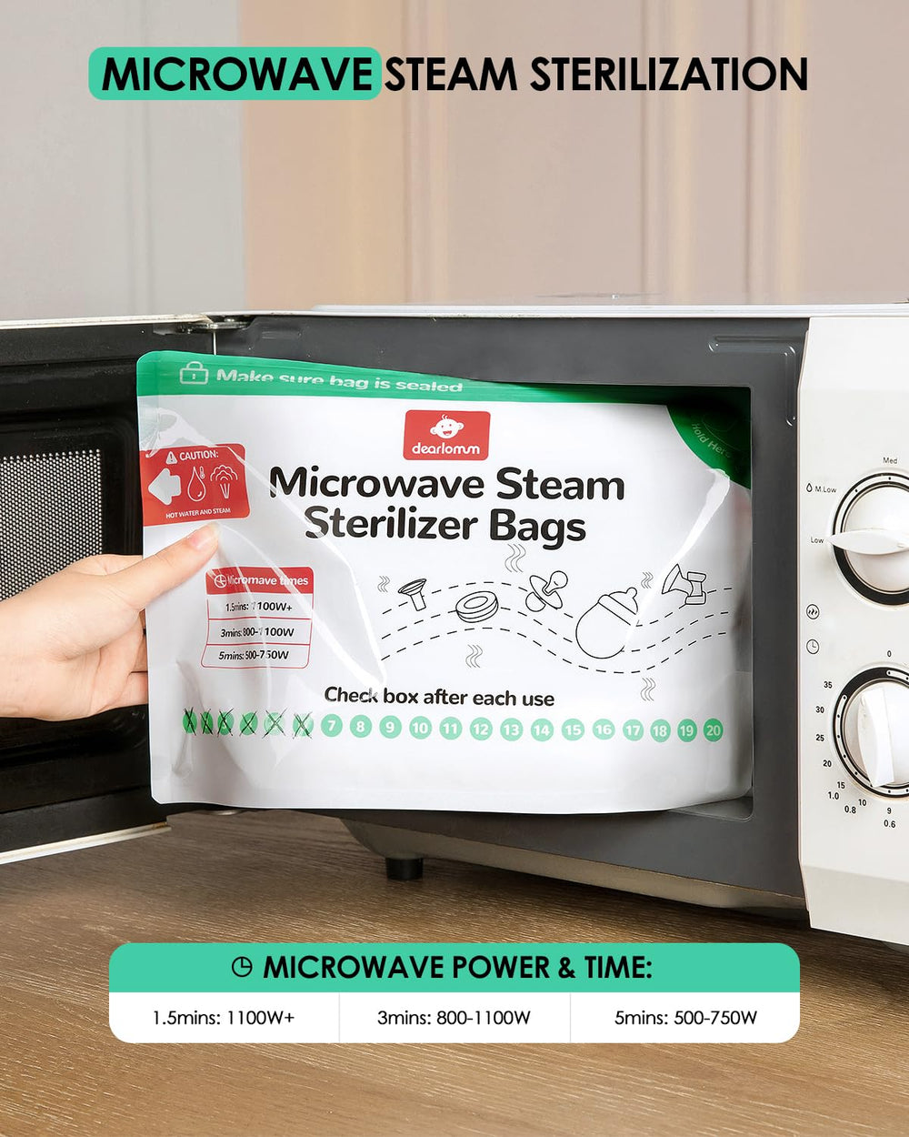 Dearlomum sterilizer bag water measuring area visible for proper prep.