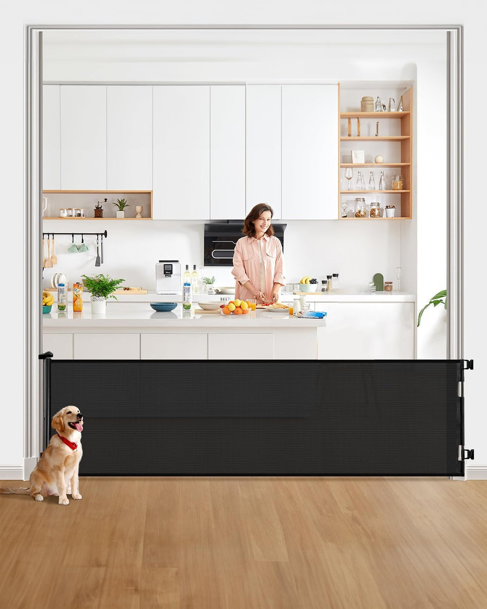 DEAR LOV retractable gate on stairs with secure mounting for infants and pets.