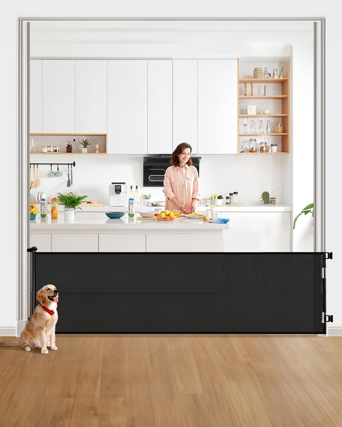 DEAR LOV retractable gate on stairs with secure mounting for infants and pets.