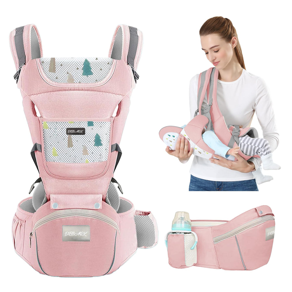 DEBARK baby carrier hip-seat pink front view showing ergonomic support for the parent