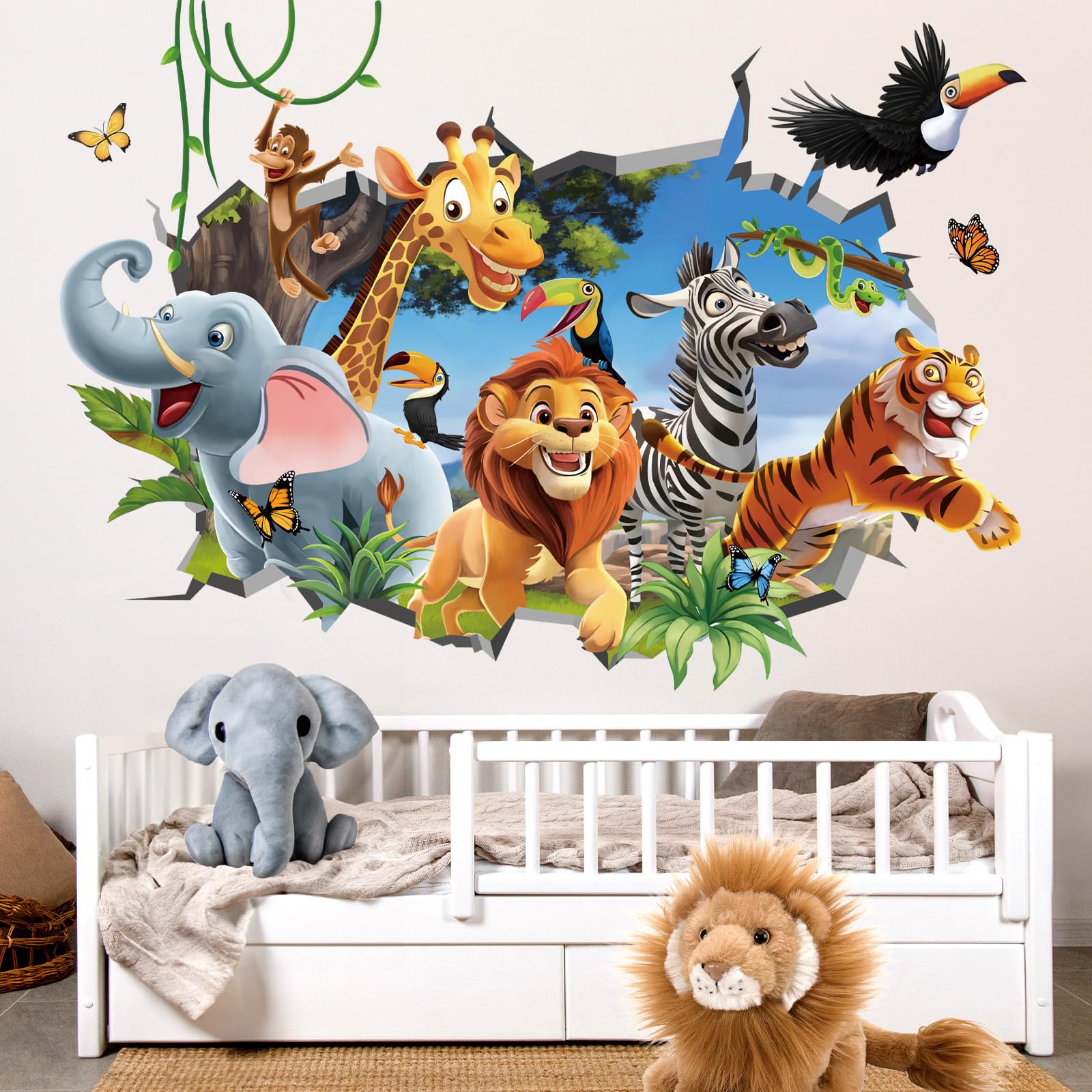 Decalmile elephant wall decal in jungle scene adds playful charm to kids' room.