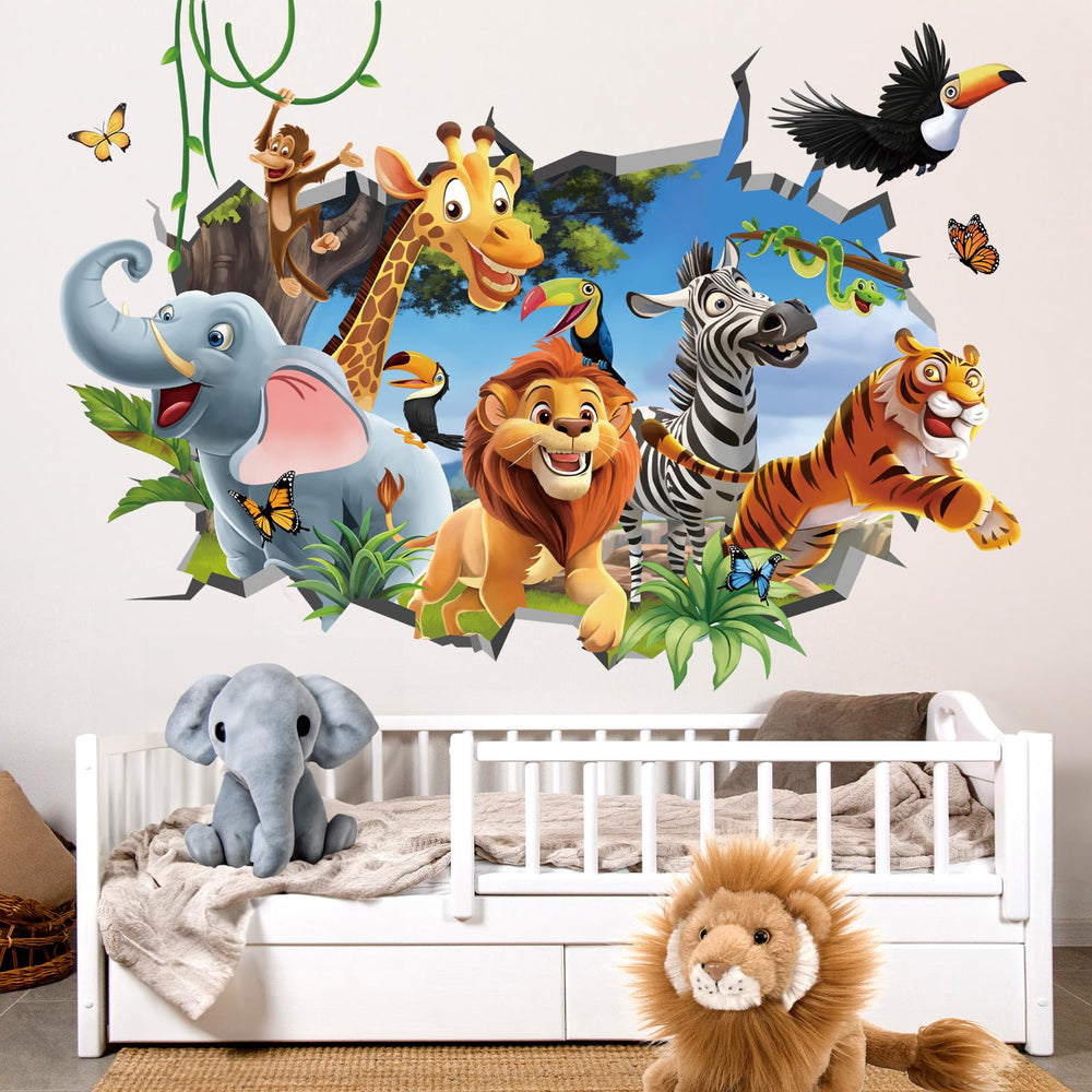Decalmile elephant wall decal in jungle scene adds playful charm to kids' room.