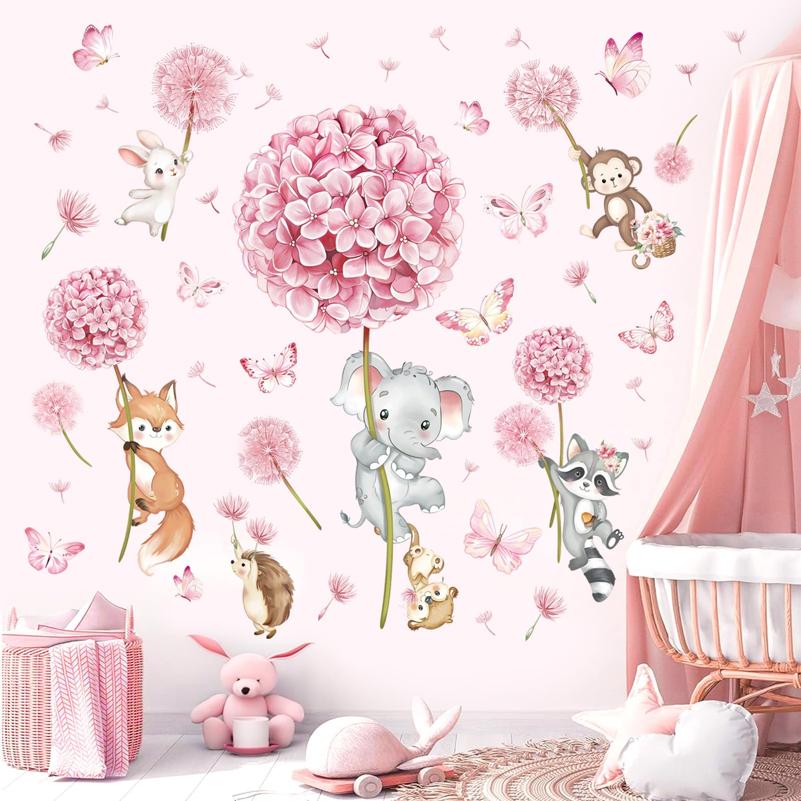 decalmile Animal Flower Pink Dandelion wall stickers brighten walls with playful pink blossoms