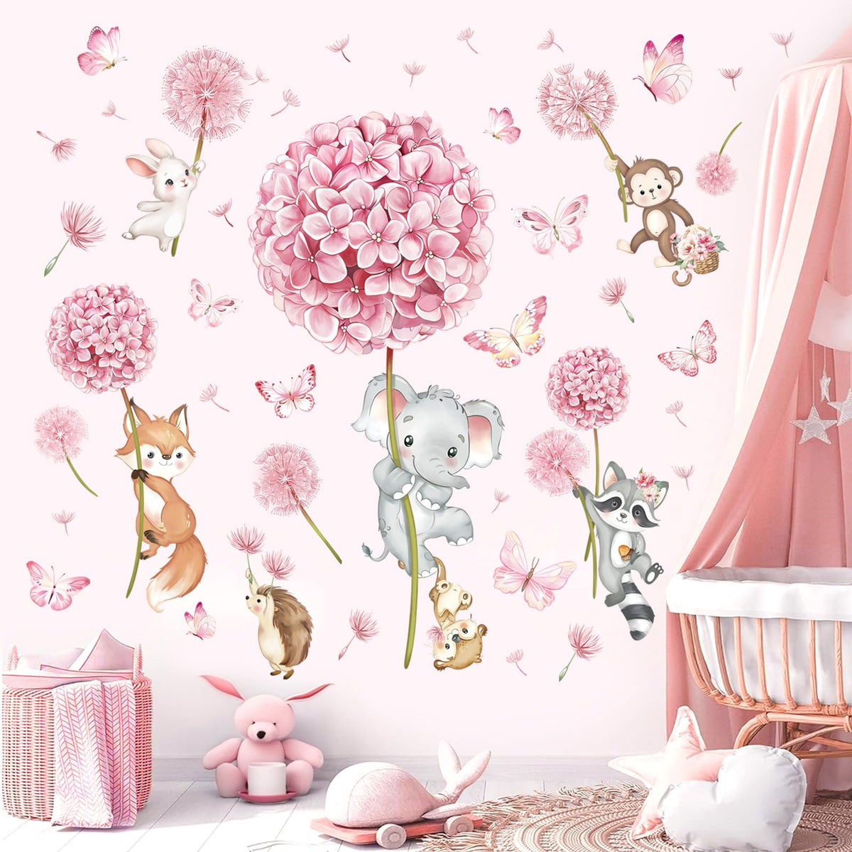 decalmile Animal Flower Pink Dandelion wall stickers brighten walls with playful pink blossoms
