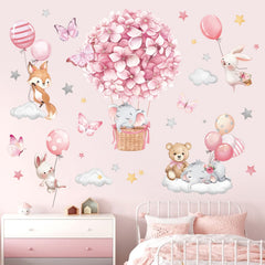 Decalmile animals hot air balloon wall decals with flowers for bright nursery decor.