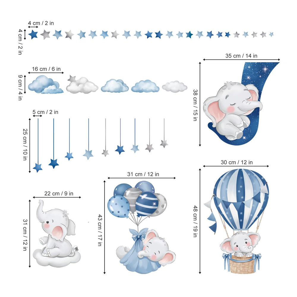Decalmile blue grey baby nursery decor enhances walls with cute elephants.