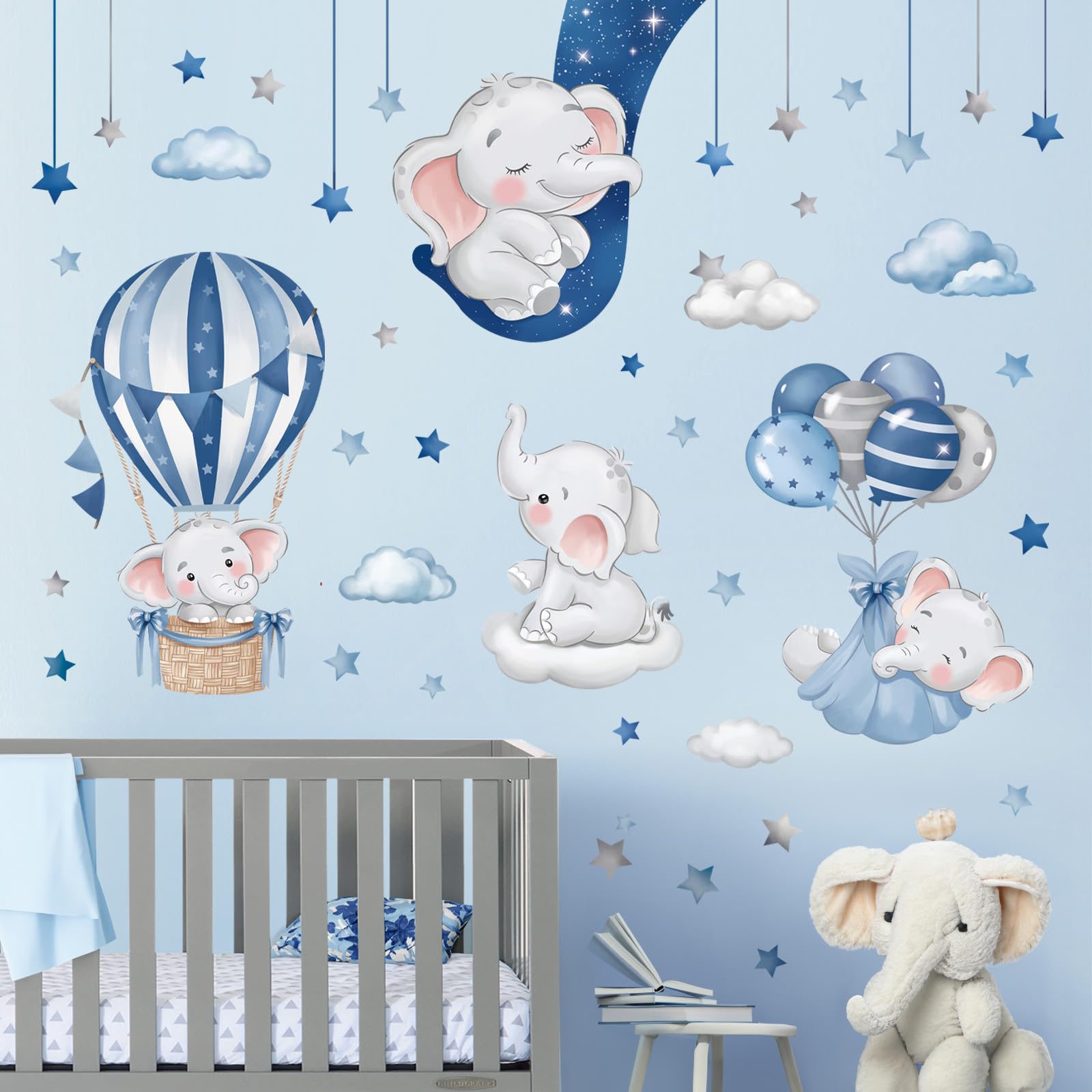 Decalmile blue grey sleeping elephant balloon wall sticker brightens the nursery.