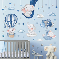 Decalmile blue grey sleeping elephant balloon wall sticker brightens the nursery.