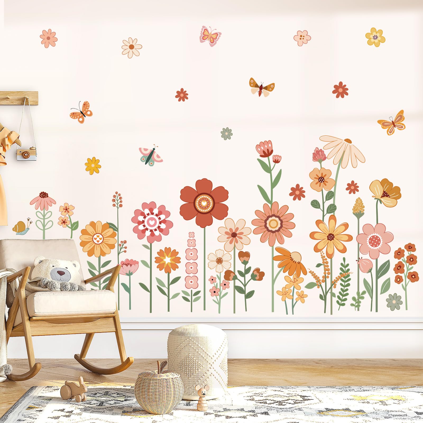 DecalMile Boho flower wall decals for nursery with daisies and butterflies, easy to remove and reposition.