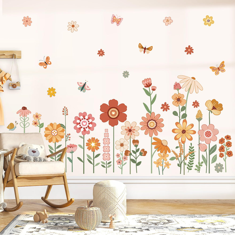 DecalMile Boho flower wall decals for nursery with daisies and butterflies, easy to remove and reposition.