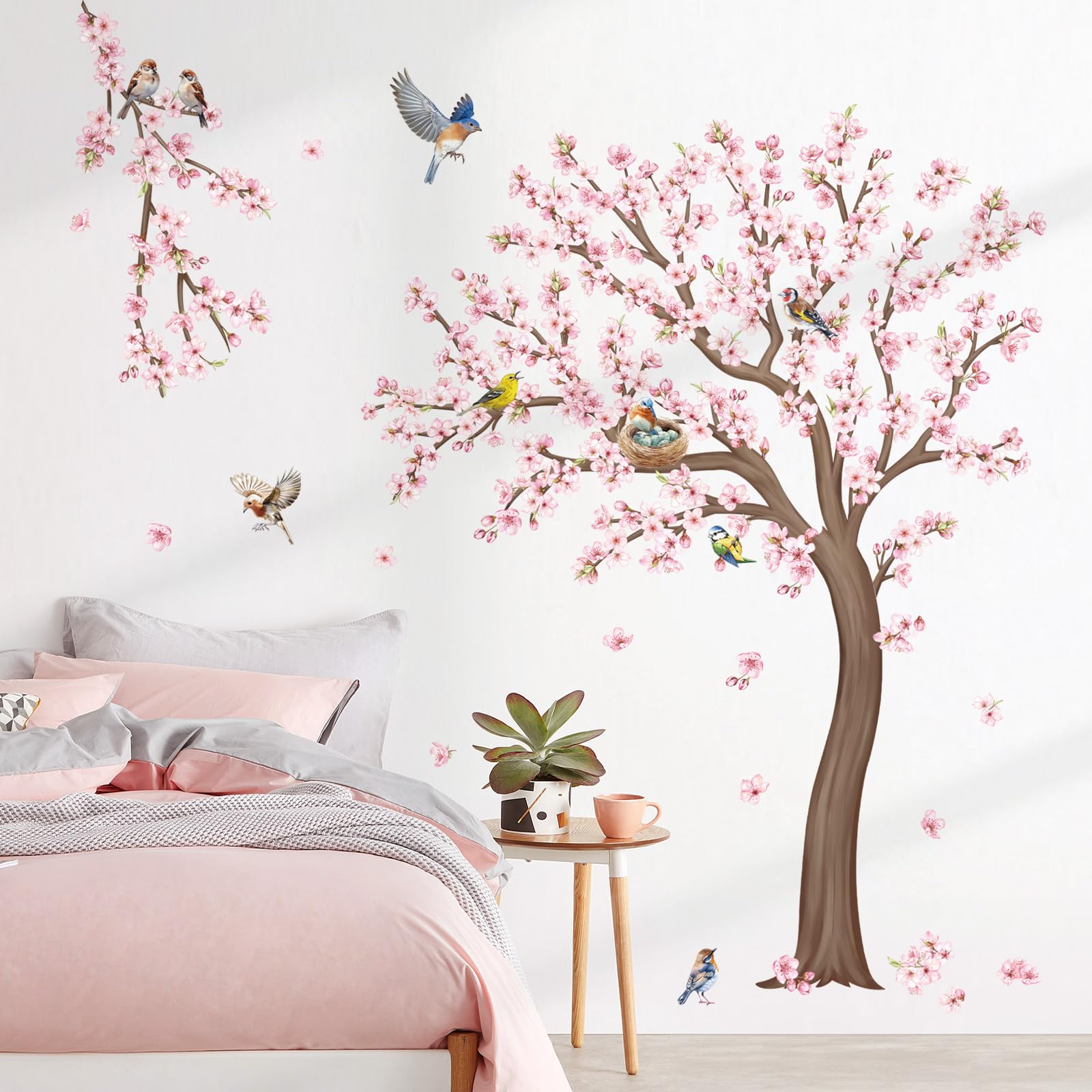 DecalMile cherry blossom tree wall sticker features birds for a serene nursery scene.