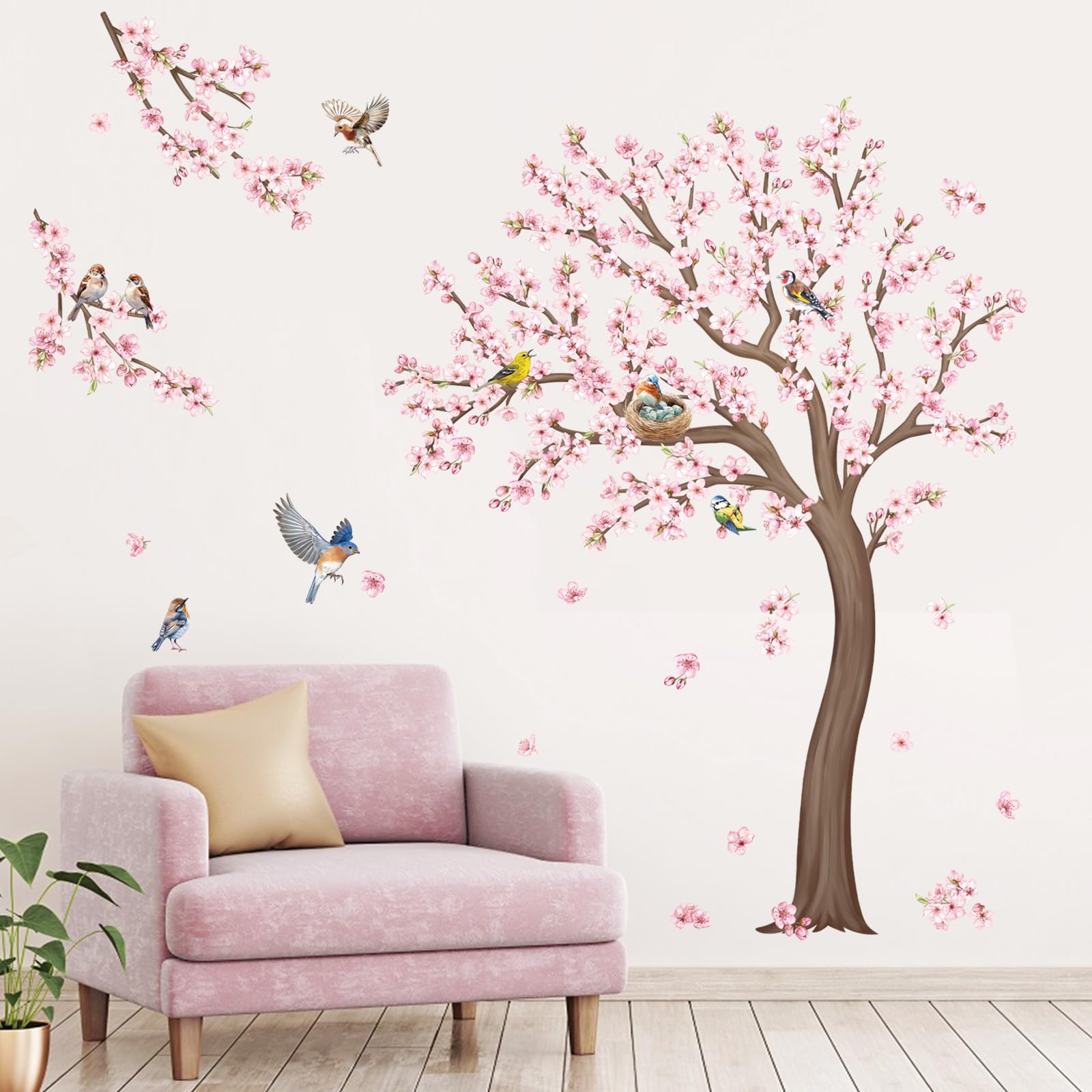 DecalMile cherry blossom tree wall decal branch detail enhances living room decor.
