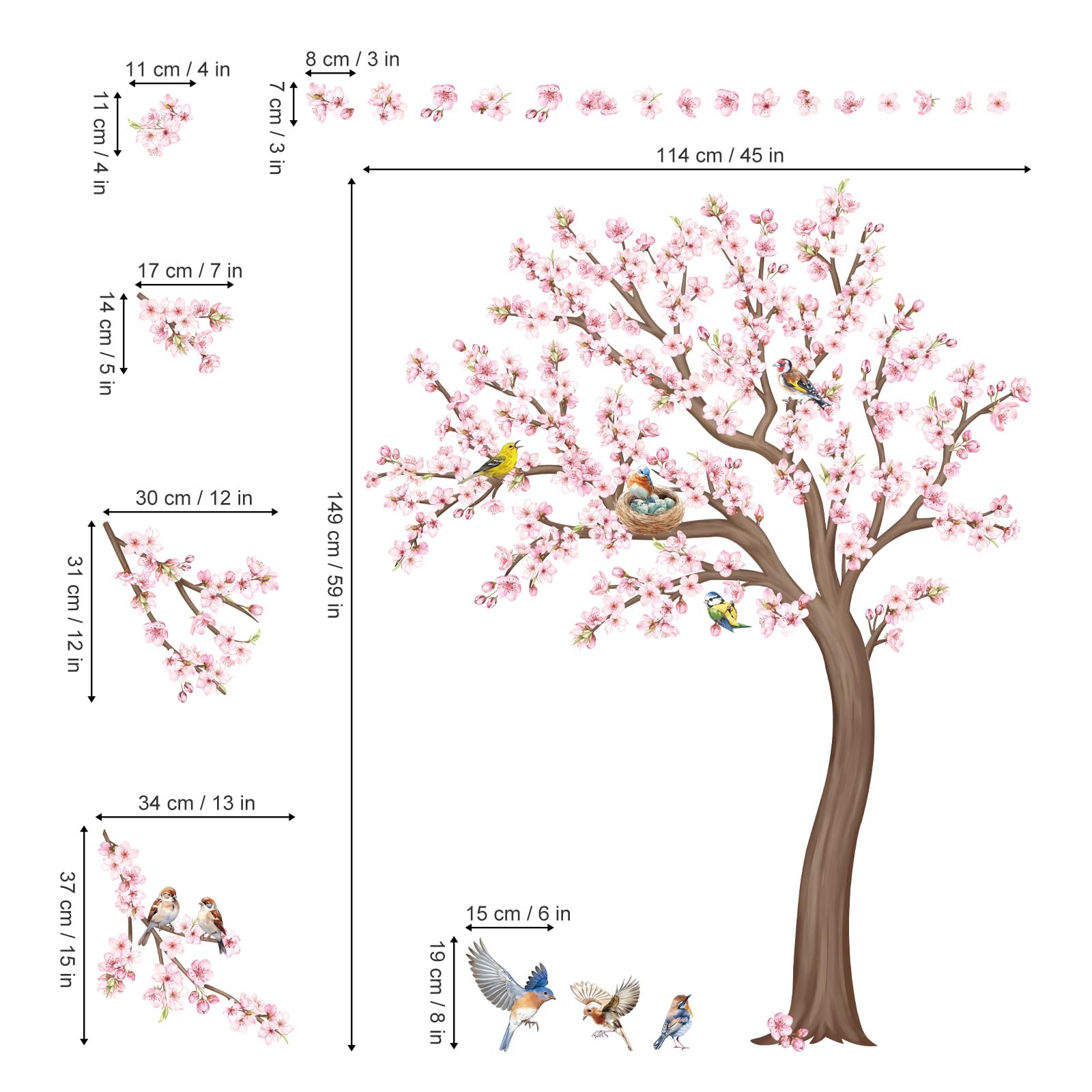 DecalMile cherry blossom tree wall sticker set provides four sheets for flexible DIY layouts.