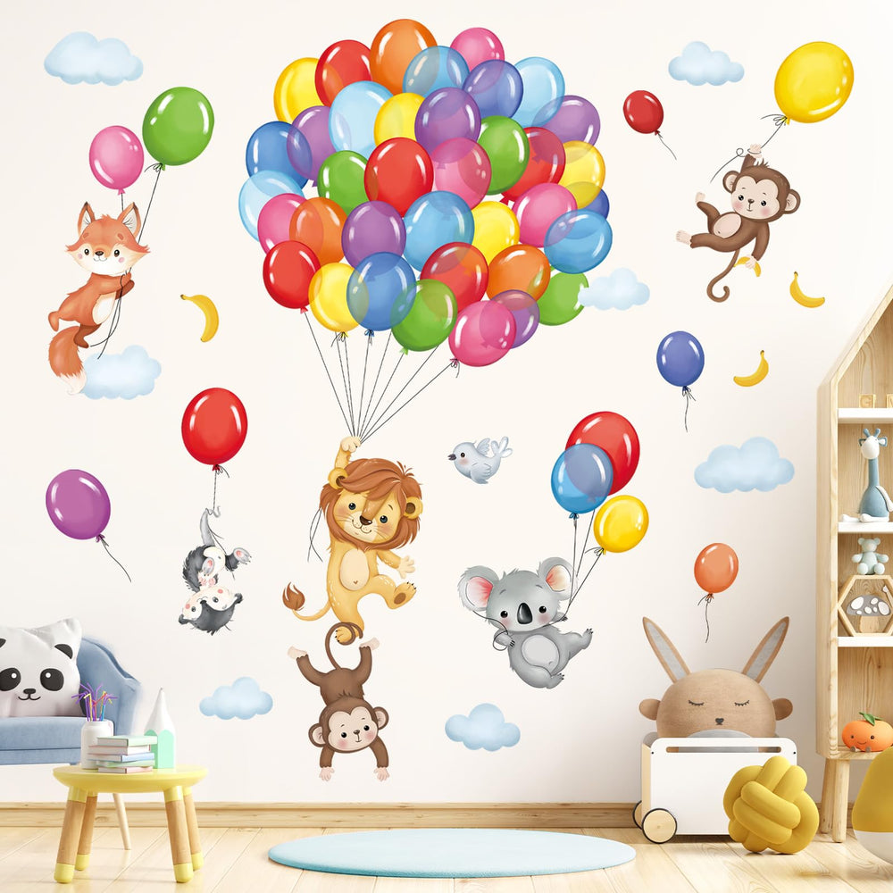 DecalMile forest animals balloon wall decal with a lion for bright nursery decor