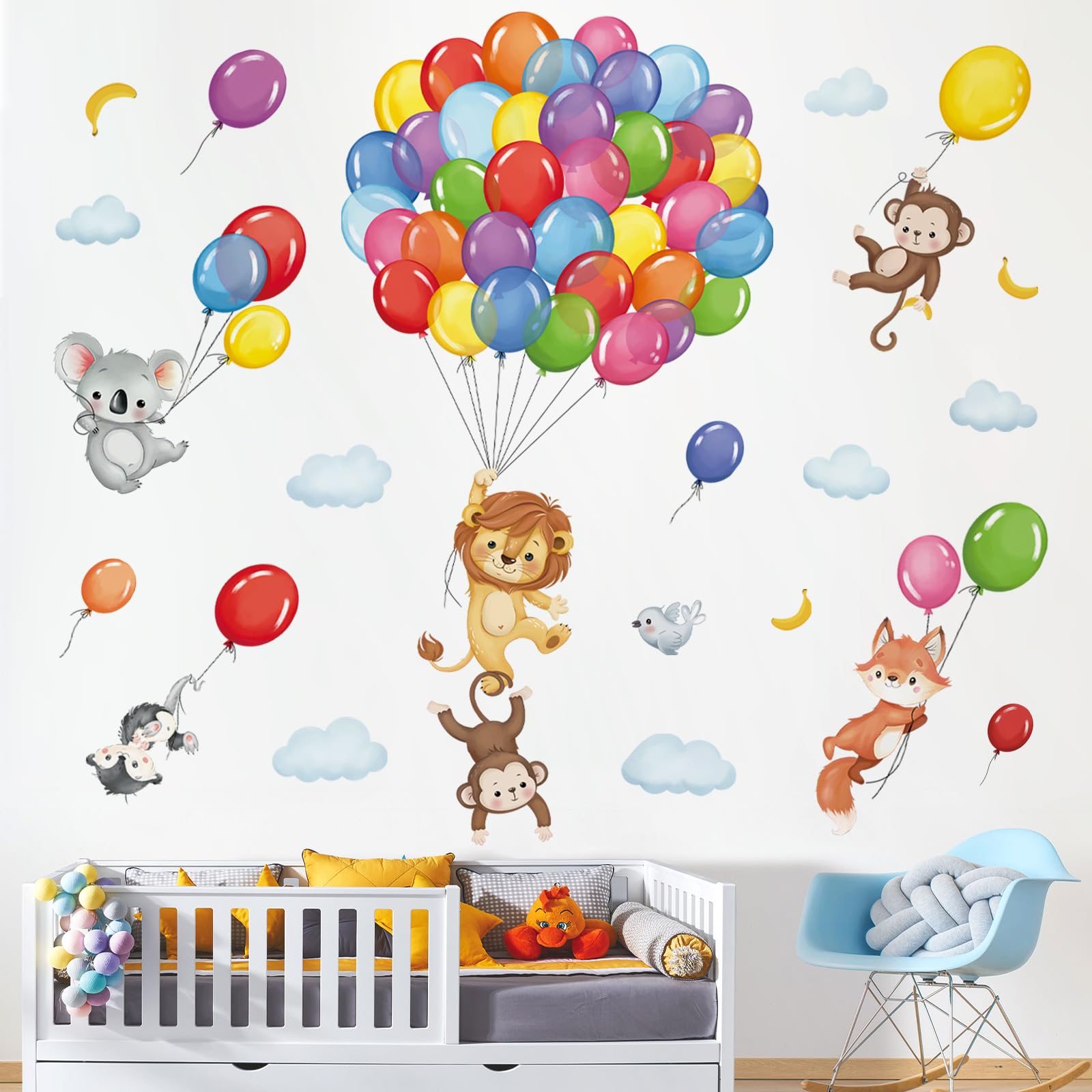 DecalMile forest animals balloon wall decal featuring a playful monkey for kids' rooms