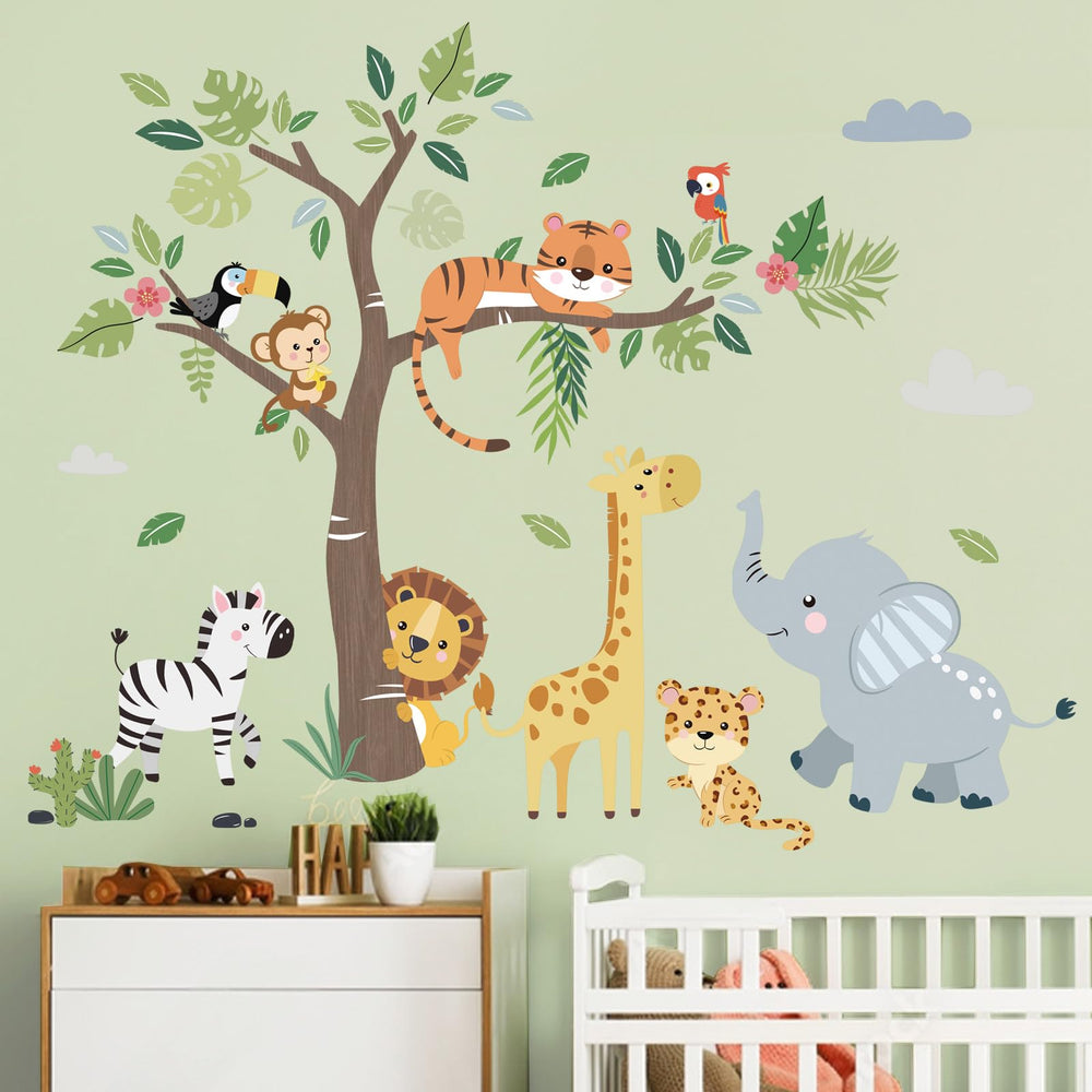 Decalmile giraffe wall decal with a tree; vibrant children's room decor.