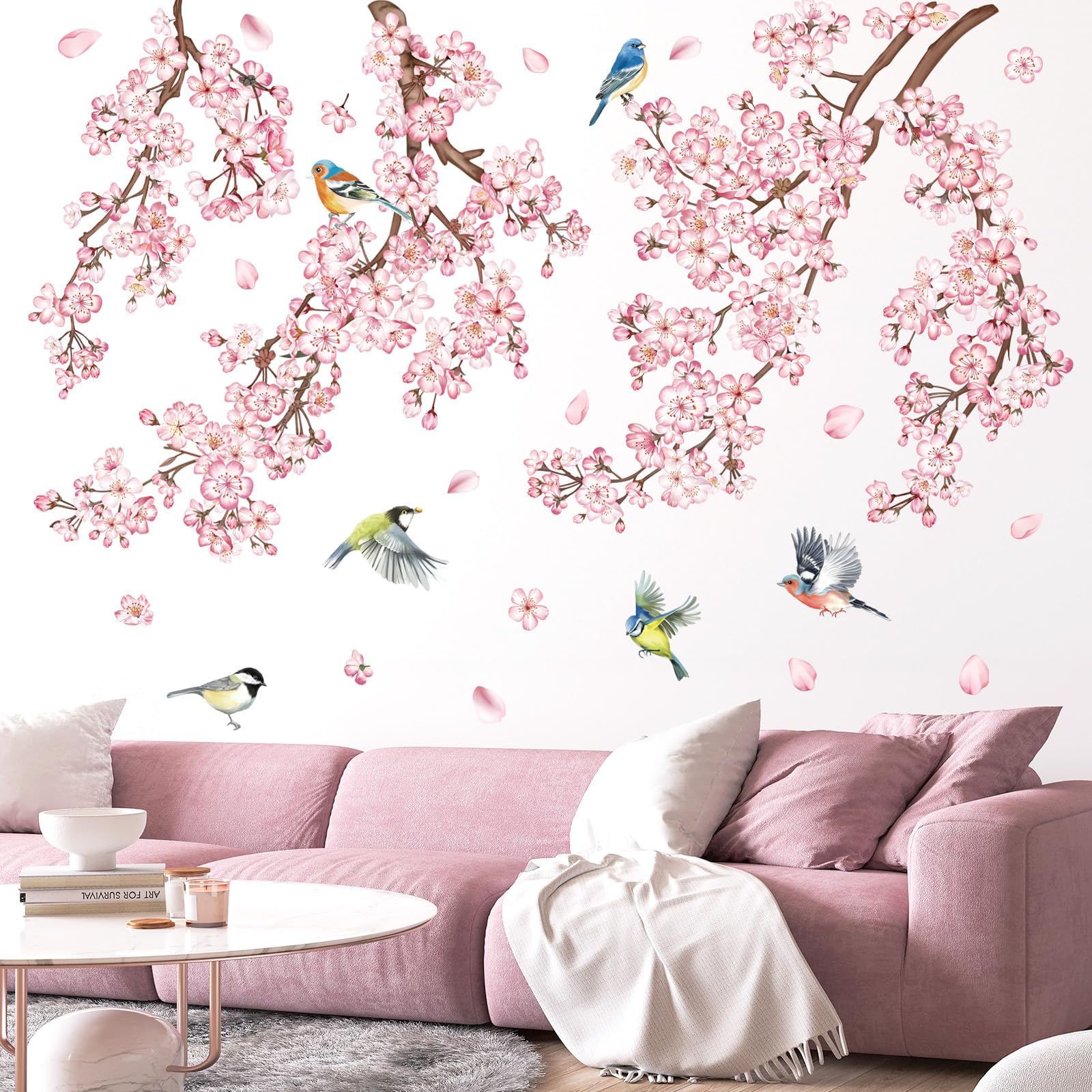 Decalmile pink flower vine wall sticker creates a soft, whimsical bedroom backdrop.