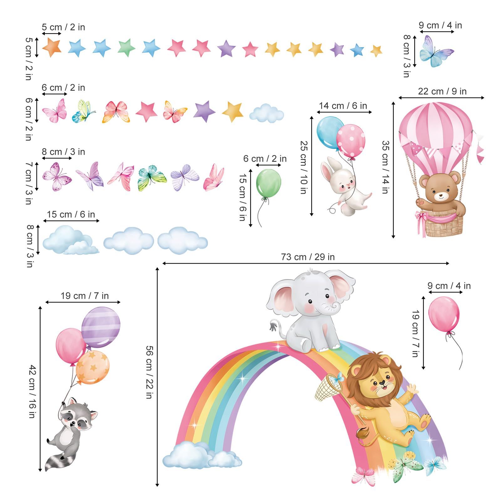 Decalmile rainbow clouds wall stickers soften the ceiling line.