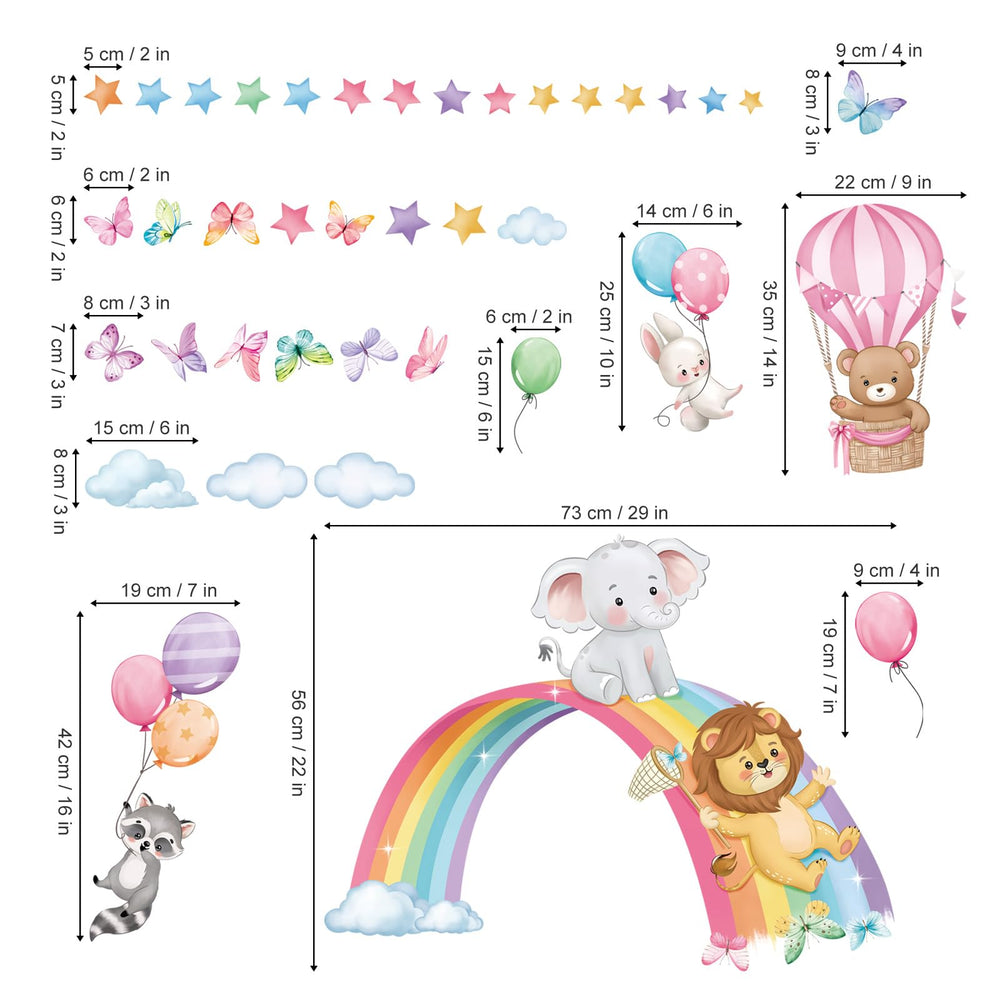 Decalmile rainbow clouds wall stickers soften the ceiling line.