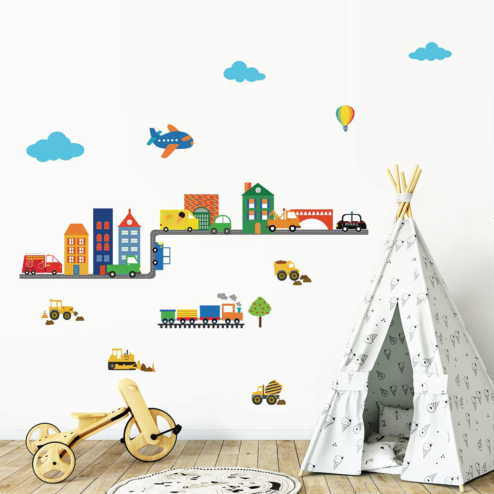 Decalmile transportation cars wall stickers energize kids rooms with action scenes.