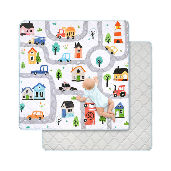 Decalsweet baby play mat with 50 x 50 inch extra-thick foam for plush tummy time.