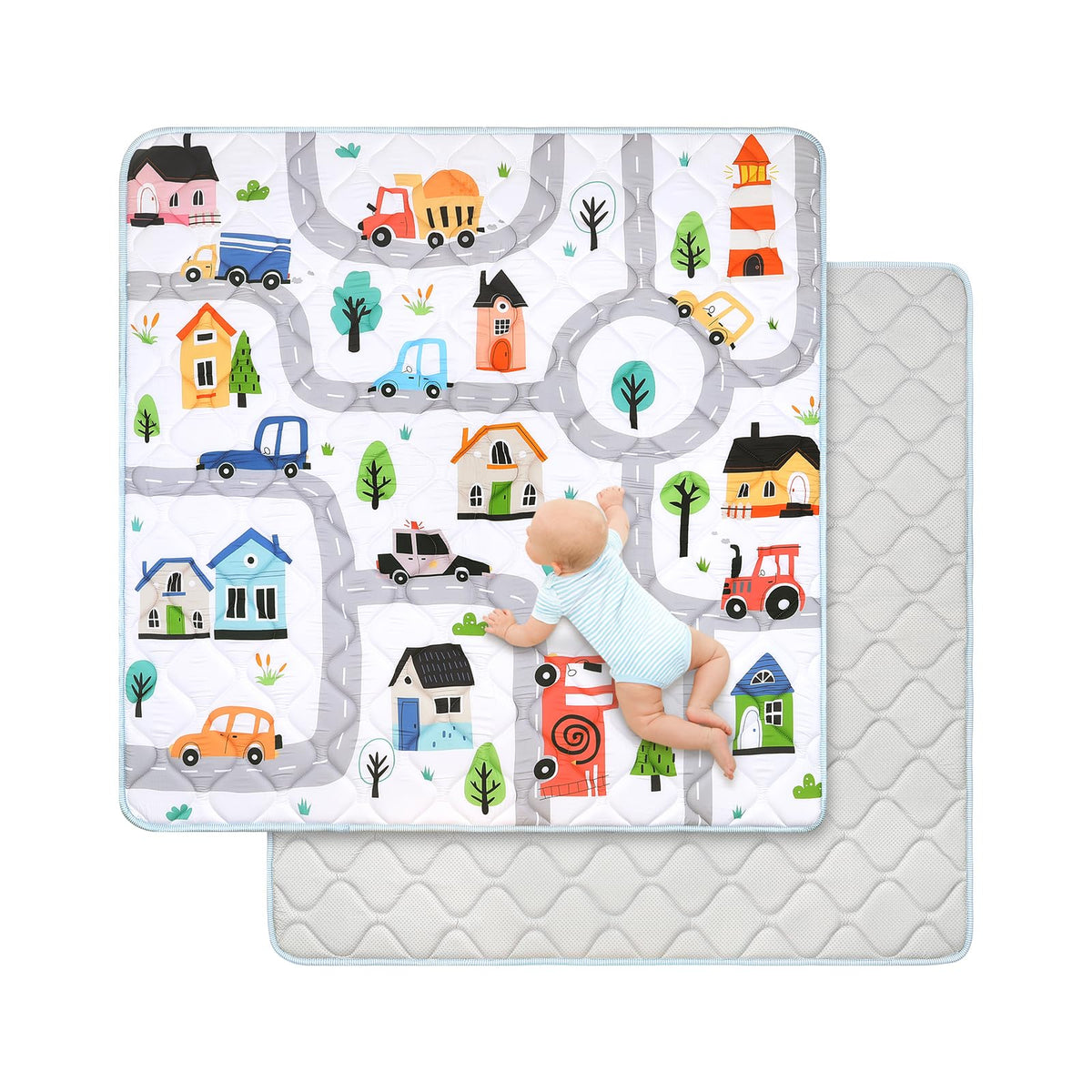 Decalsweet baby play mat with 50 x 50 inch extra-thick foam for plush tummy time.