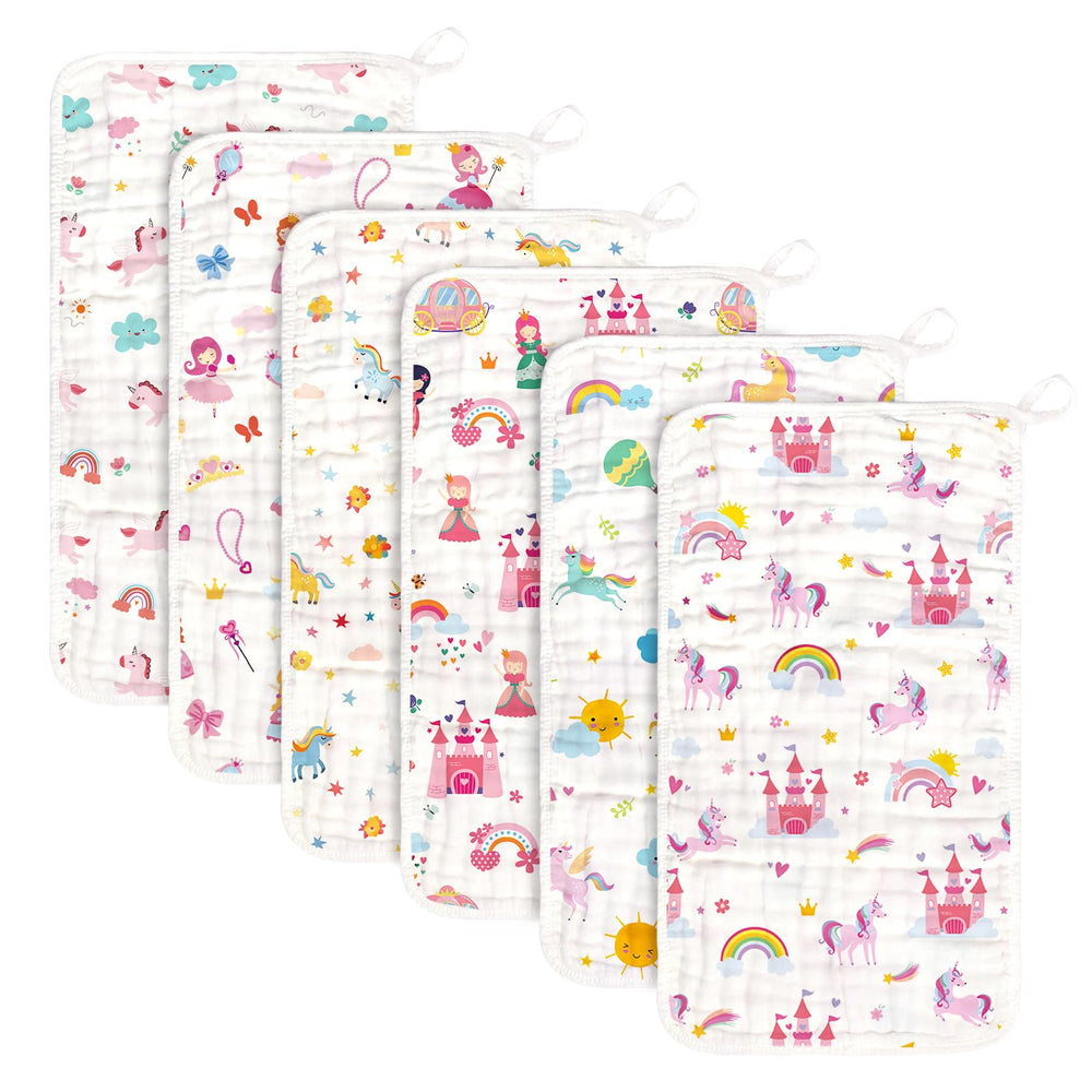 Decalsweet six pack burp cloths flatlay showing absorbent muslin for messes
