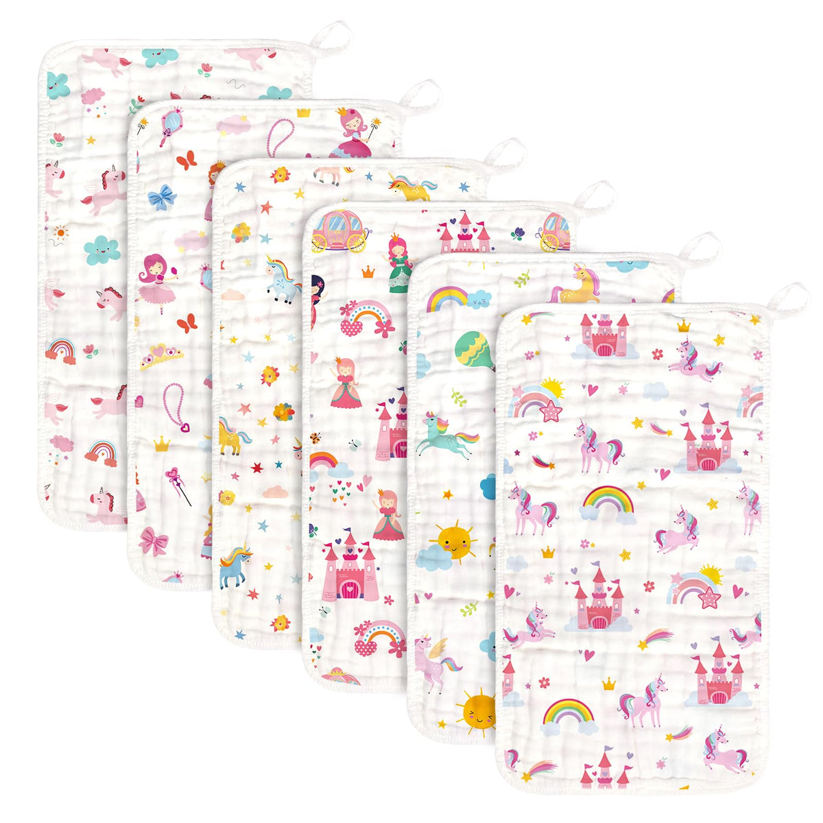 Decalsweet six pack burp cloths flatlay showing absorbent muslin for messes