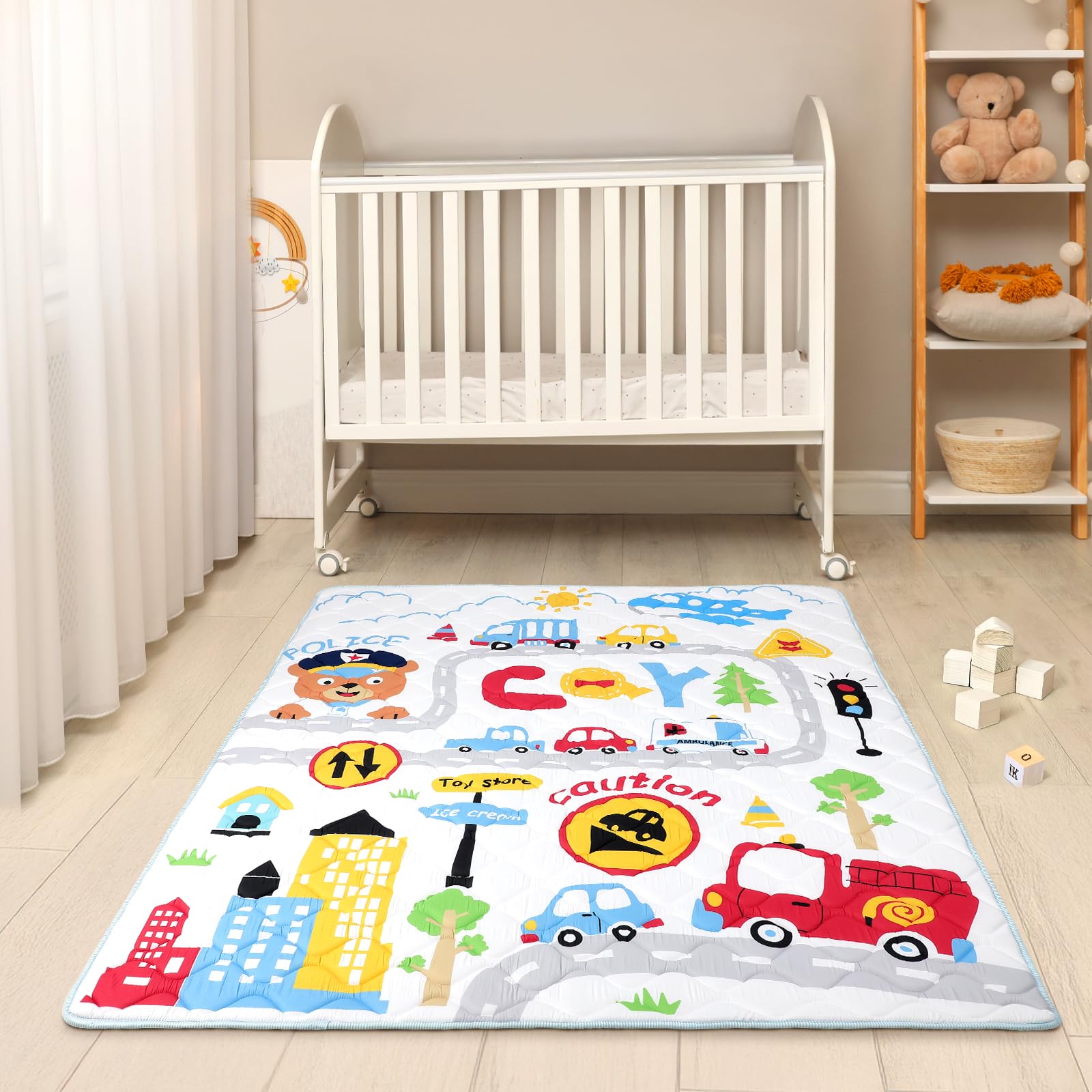 Decalsweet durable-sewn play mat withstands daily use.