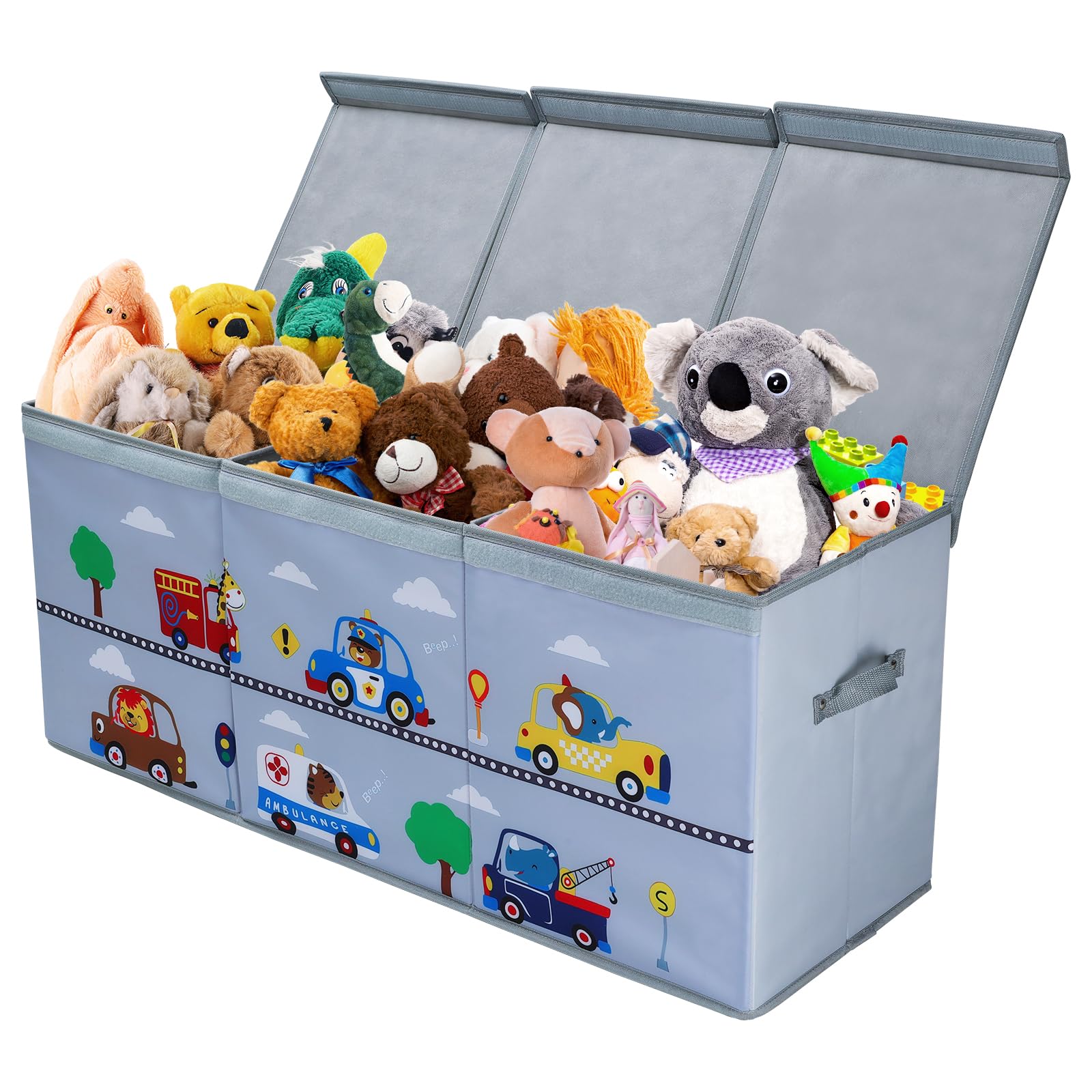 Decalsweet toy box chest with animal cars front view for organized playroom storage.