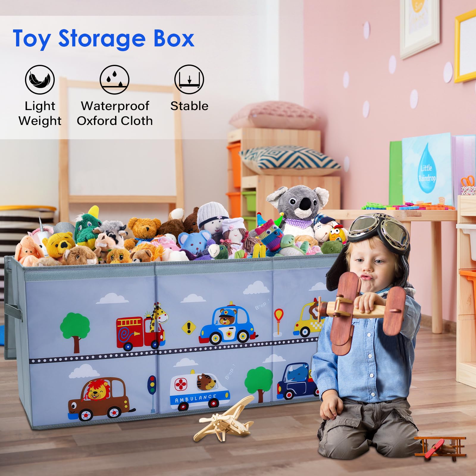 Decalsweet toy box chest lid with Velcro closure keeps dust out.