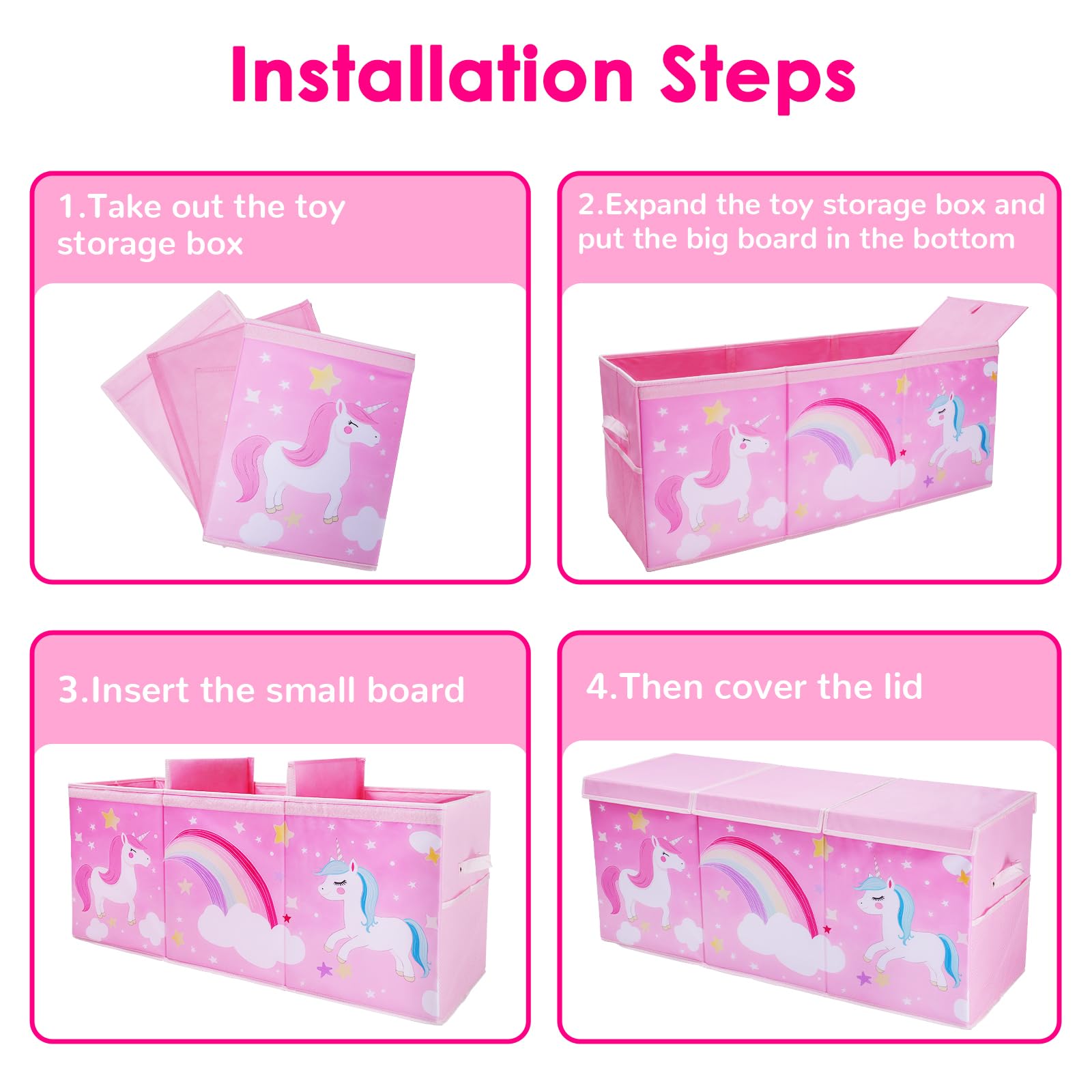 Decalsweet unicorn toy box handles in use for easy transport