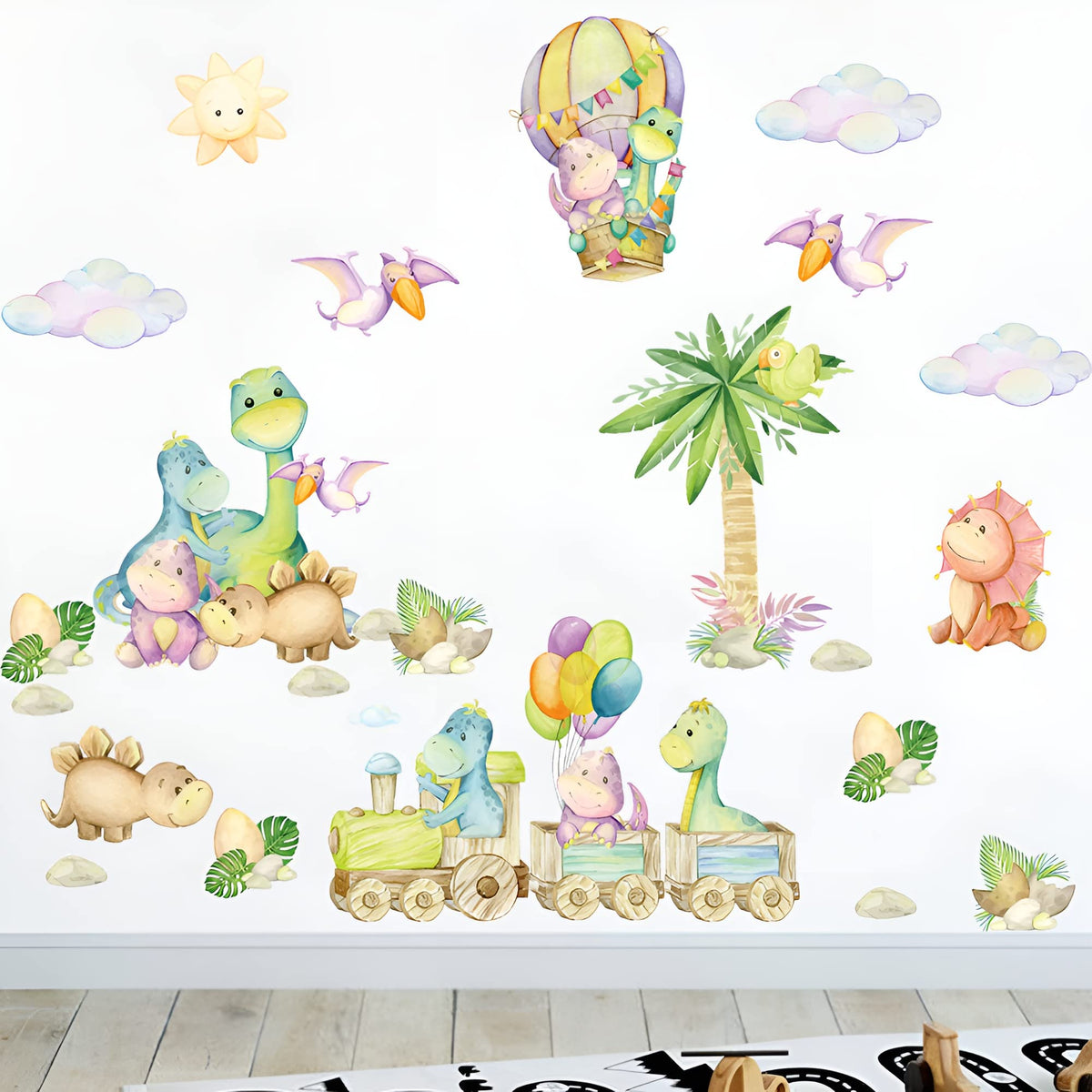 Decalsweet watercolor dinosaurs dino-train stickers brighten kid walls and spark imagination
