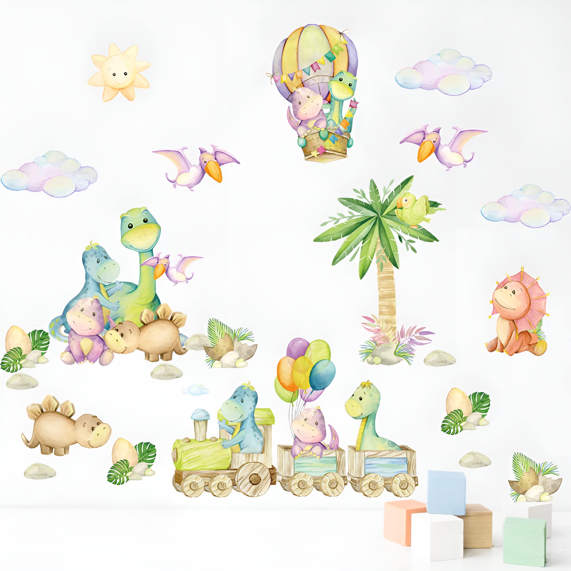 Decalsweet watercolor dinosaurs hot-air-balloon stickers brighten nurseries and play areas
