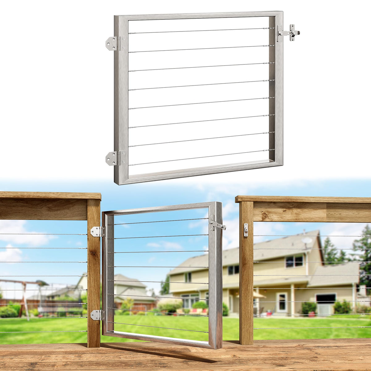 Deck Man cable railing gate with right-hand swing for outdoor access
