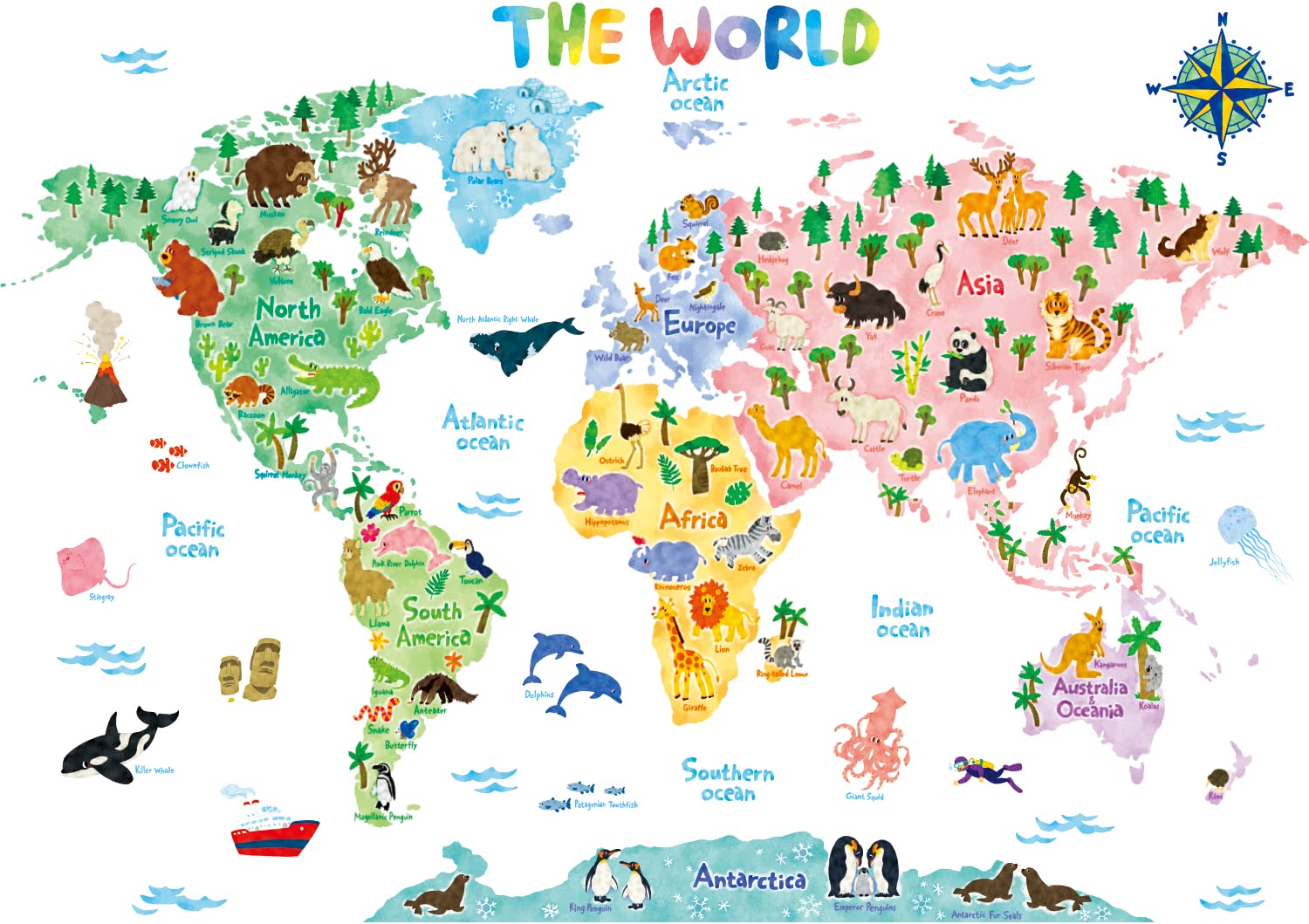 DECOWALL Animal World Map decal with animals for kid-friendly learning spaces.