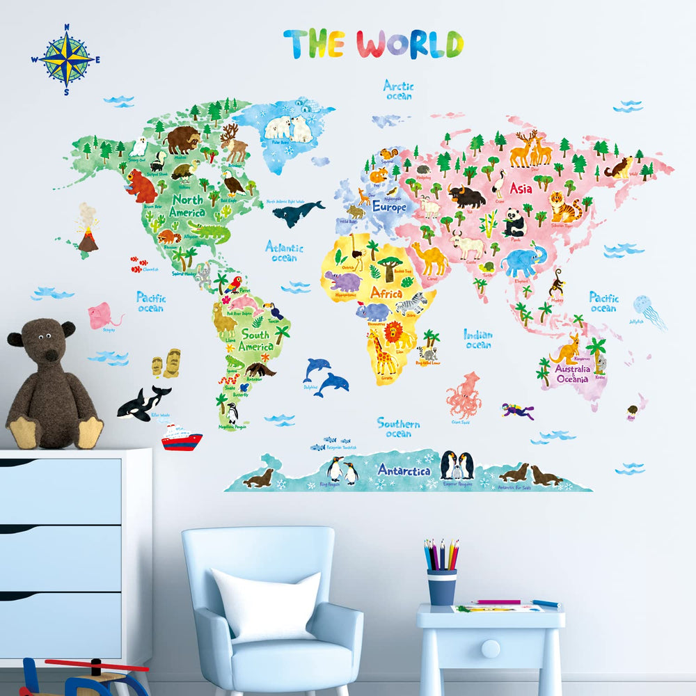 DECOWALL world map wall decal with continents and animals for curious minds.