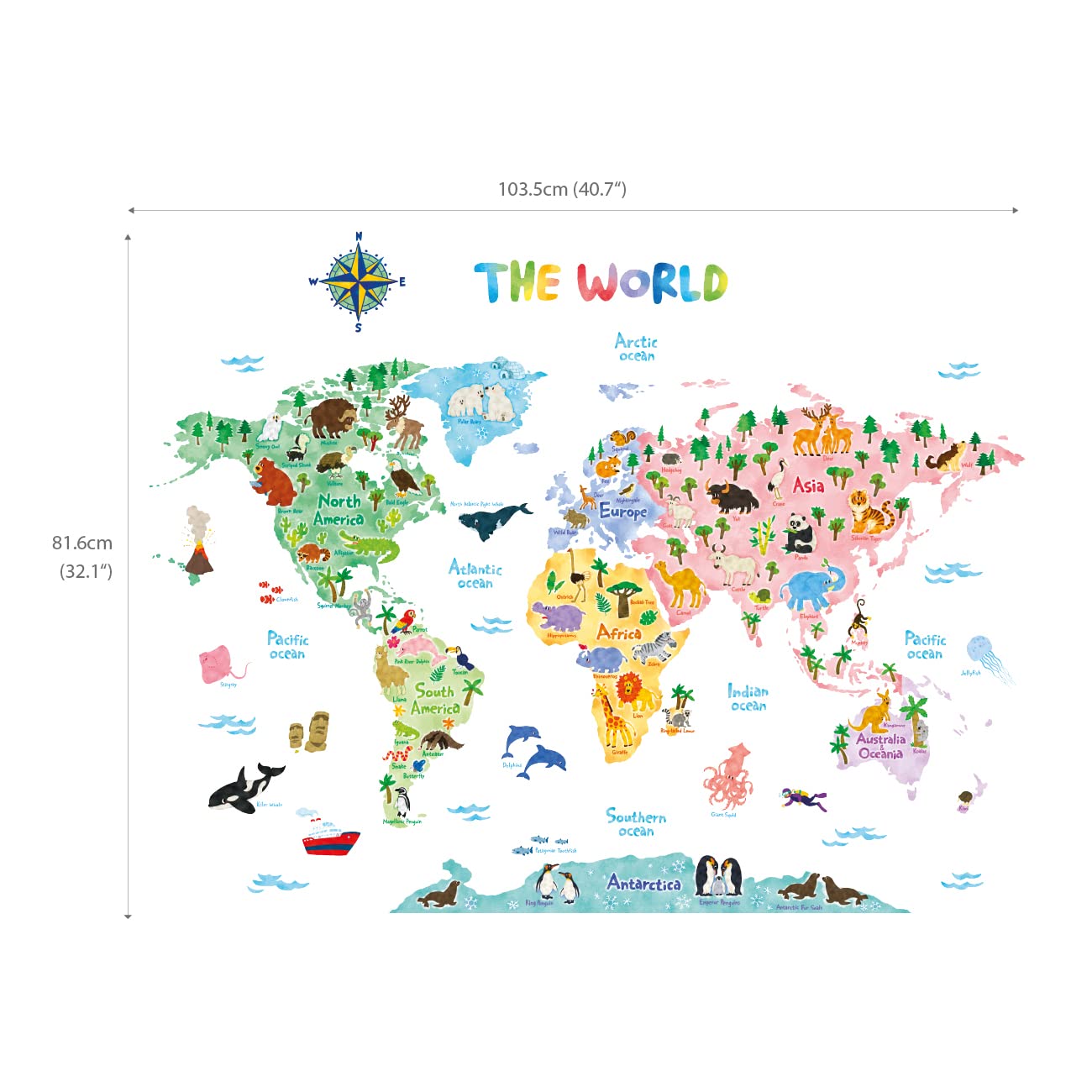 DECOWALL SG2-1615S world map with animals, bright colors energize playrooms.