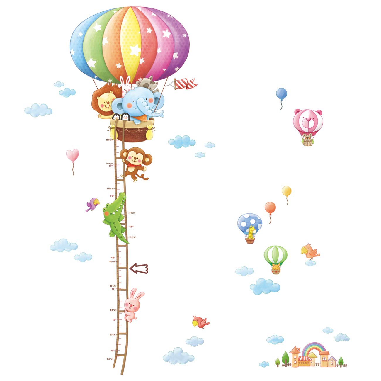 DECOWALL BS-1606 Animal Hot Air Balloon height chart wall decals brighten kids' rooms and engage curiosity