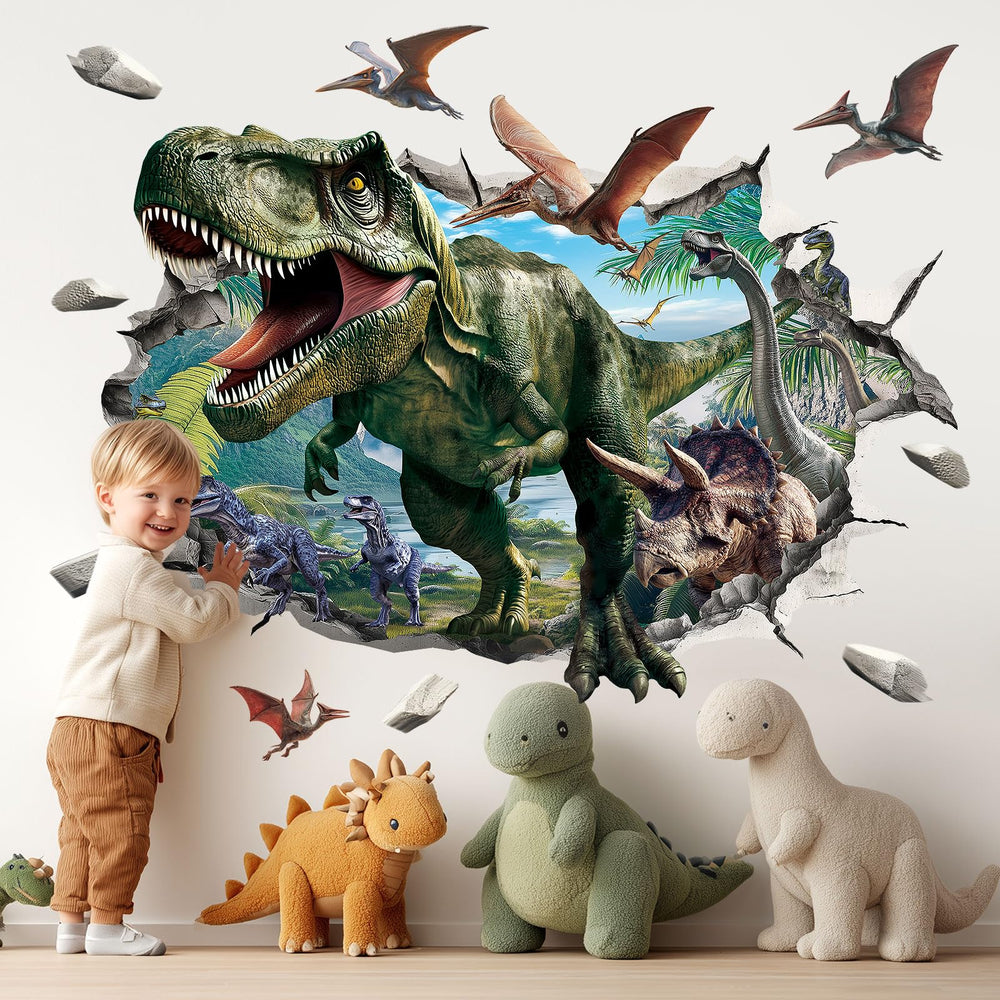 DECOWALL roaring T-Rex wall sticker boosts kids’ room drama and imaginative play.