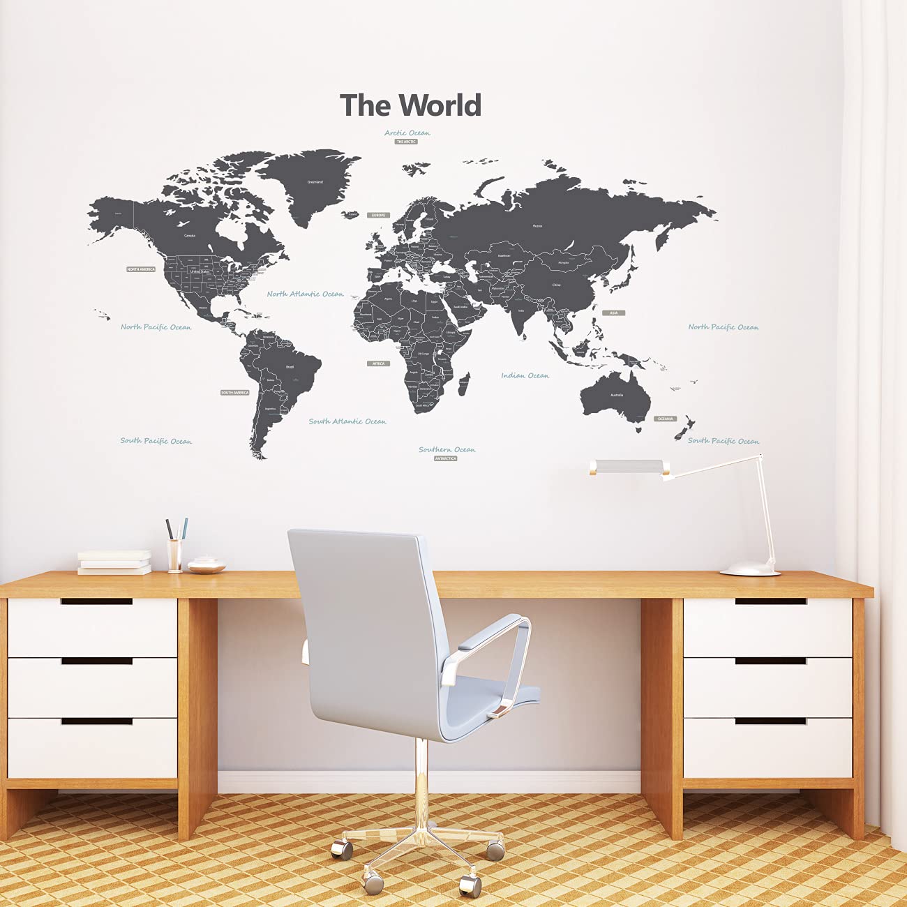 DECOWALL DLT-1609GF world map mural shown assembled on wall