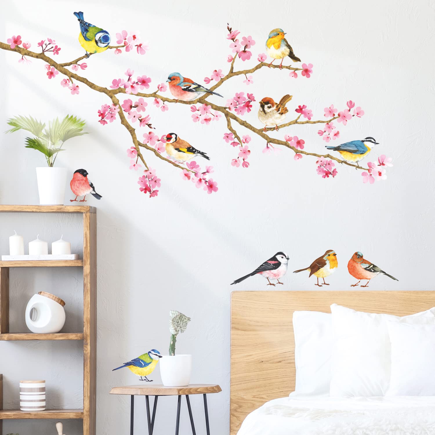 DECOWALL cherry blossom and garden birds wall stickers brighten kids' room, encouraging playful learning.