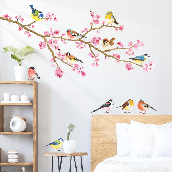 DECOWALL cherry blossom and garden birds wall stickers brighten kids' room, encouraging playful learning.